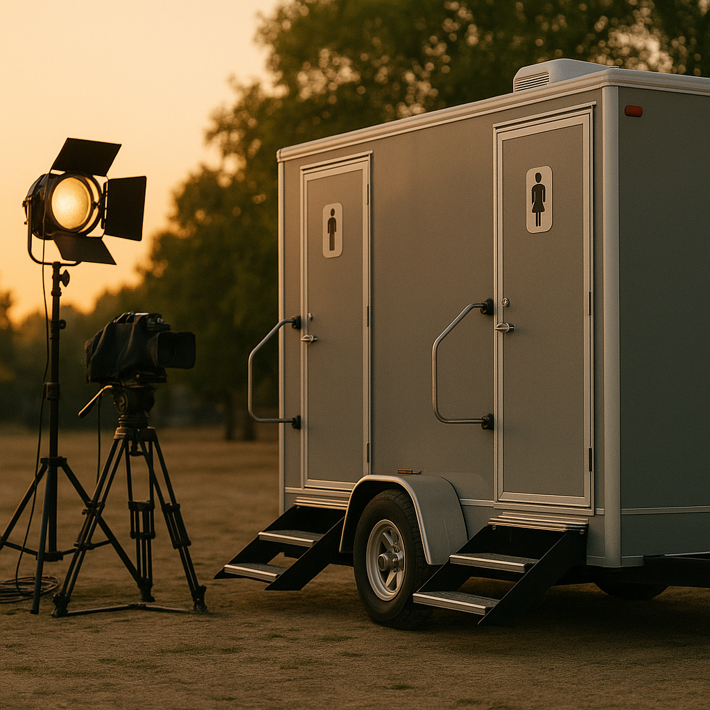 A 2-stall luxury restroom trailer on a filming production set in Southern California.