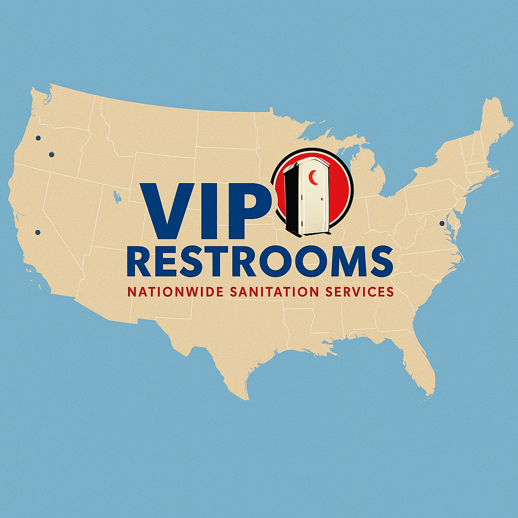 VIP Restrooms Map United States map with VIP Restrooms logo overlayed on it.