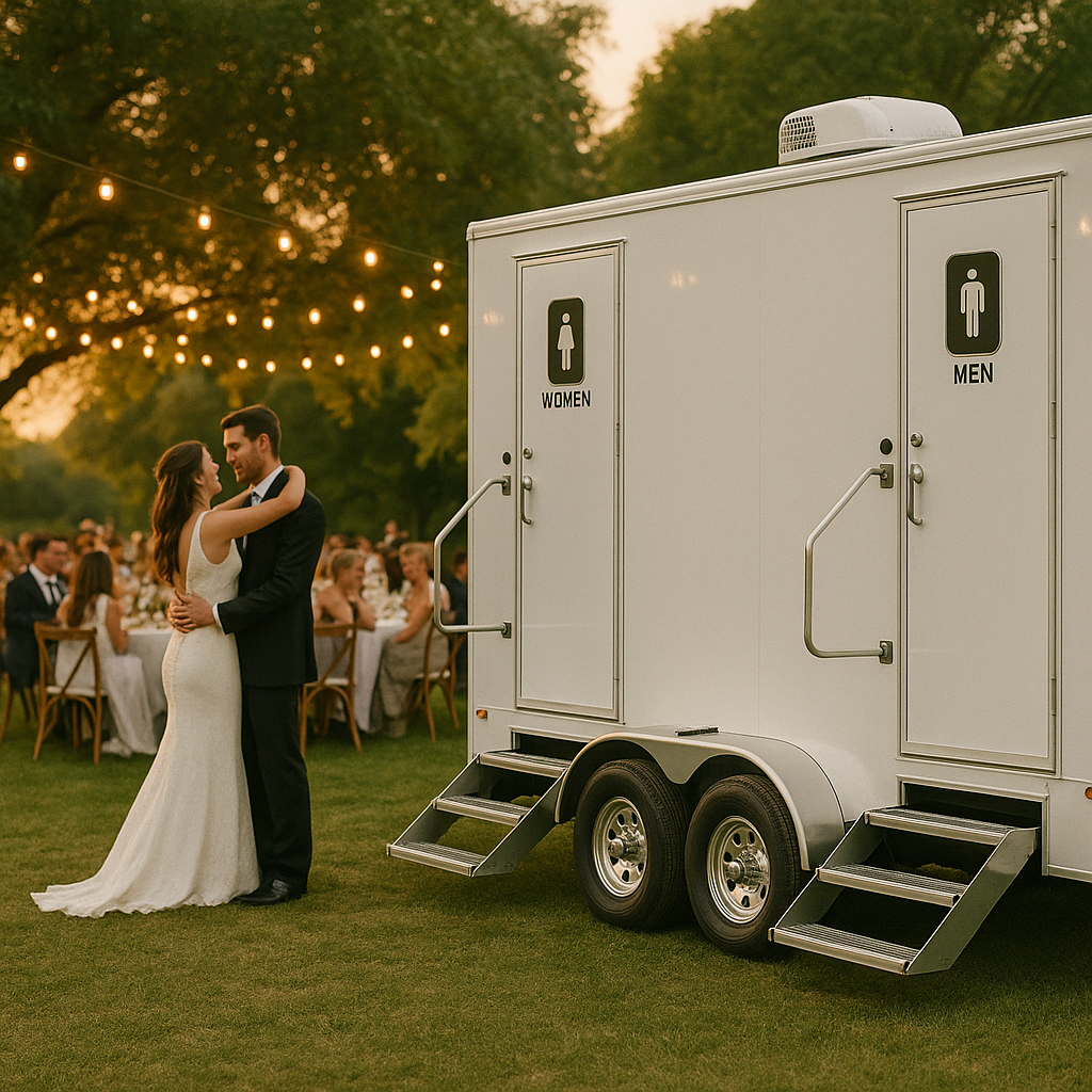 Wedding Luxury Restroom Trailer A picture of a couple dancing at their wedding by a 2-stall luxury portable restroom trailer rental.