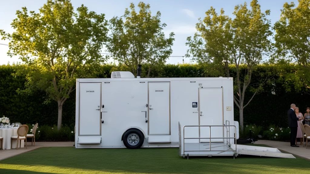 Luxury restroom trailer set up on grass for an outdoor wedding, offering upscale bathroom amenities for guests.