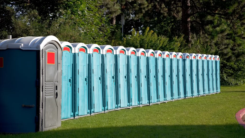 Long lineup of portable toilets placed on grass for large crowds at festivals, concerts, and community events.