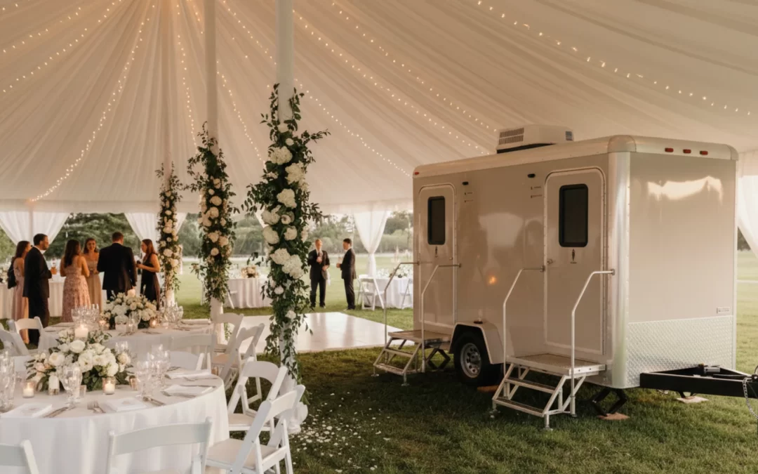Wedding bathroom rental luxury restroom trailer under decorated tent with guests and reception tables.