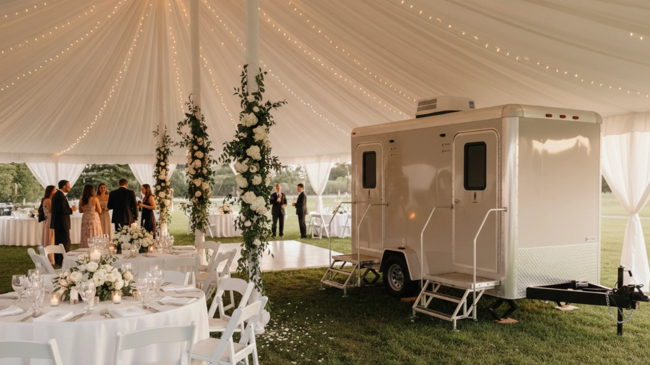 Wedding bathroom rental luxury restroom trailer under decorated tent with guests and reception tables.