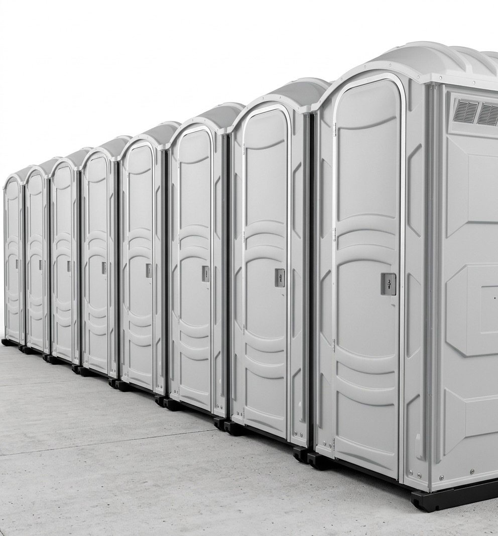 A row of ten standard gray portable toilets